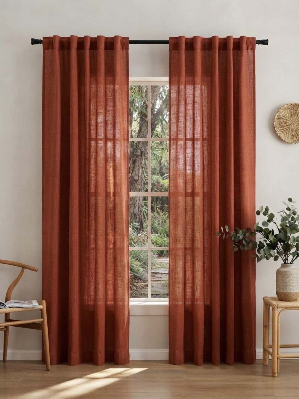 52” W X 84” L Burnt Orange Linen Blend Semi Sheer Light Filtering Curtains